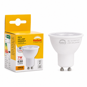 7W GU10 dimmable LED bulb next to its packaging, showcasing warm white light specifications.