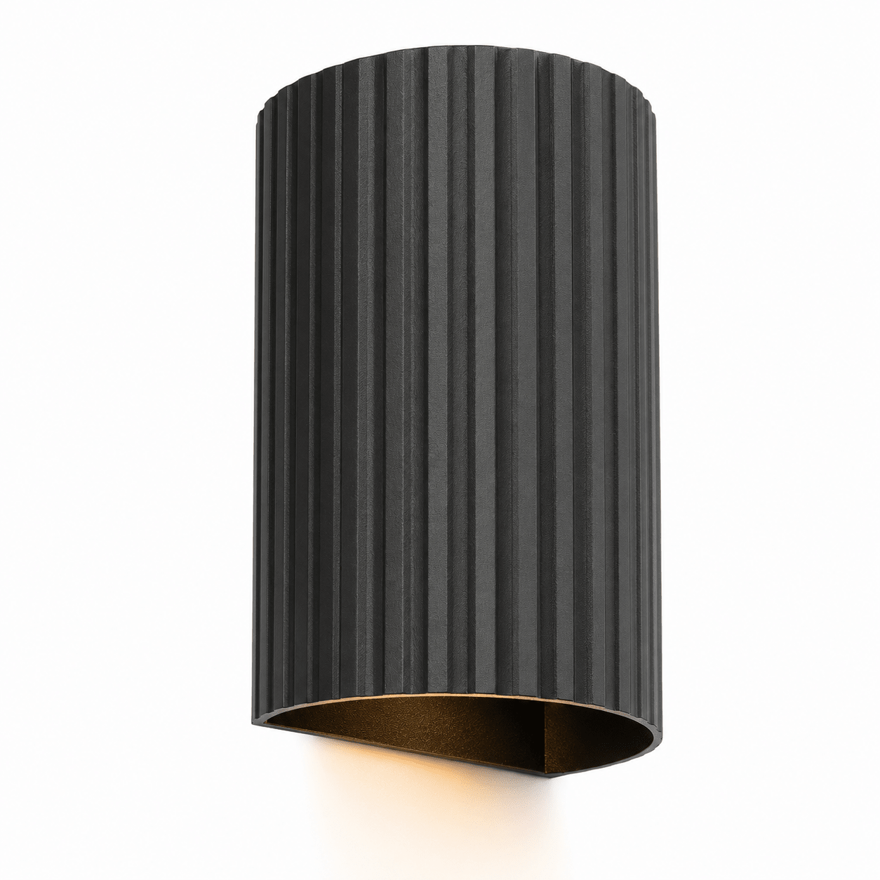Black cylindrical wall light fixture on a white background