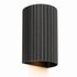 Black cylindrical wall light fixture on a white background