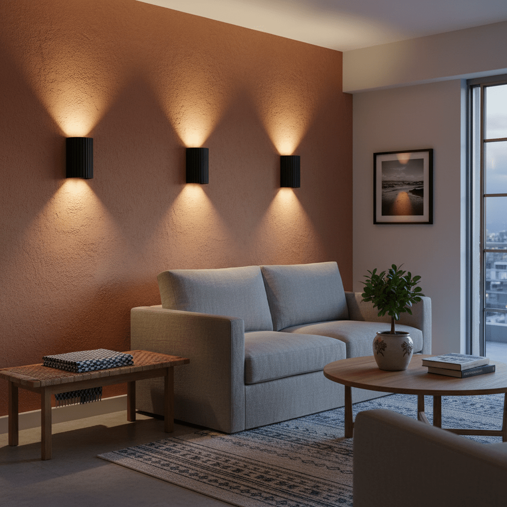 Three black wall lights illuminate a living room with a sofa and coffee table.