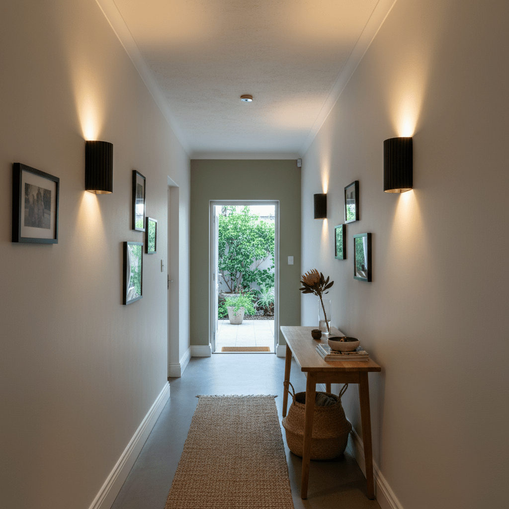 Hallway with black up and down wall lights illuminating framed pictures and a wooden console table.
