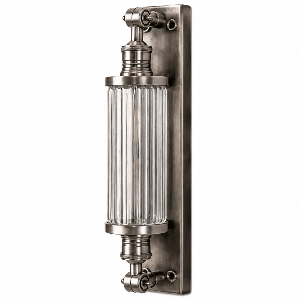 Astor Outdoor Wall Lamp in antique silver with ribbed glass, showcasing modern deco design.