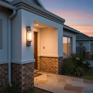 Astor Outdoor Wall Lamp in antique silver mounted beside a front door, illuminating the entrance area.
