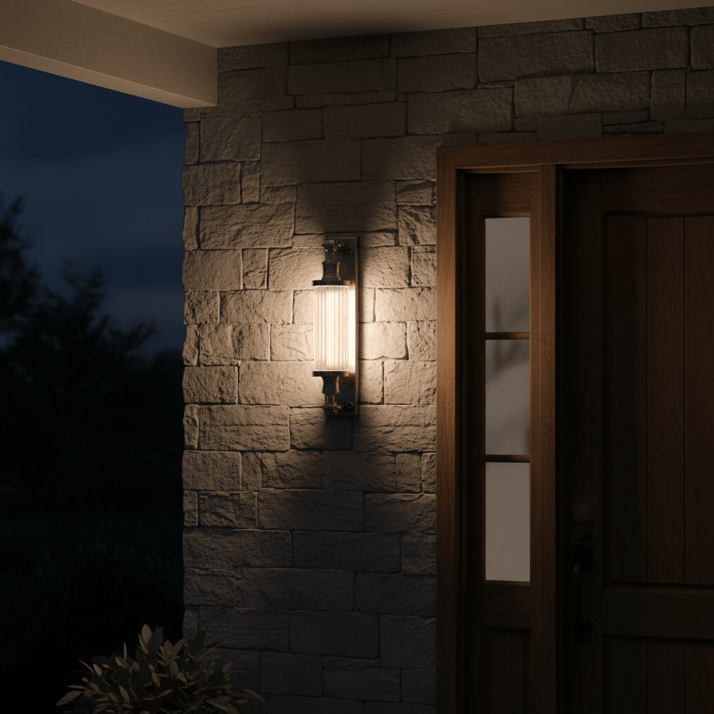 Astor Outdoor Wall Lamp in antique silver mounted on a textured stone wall beside a wooden door.
