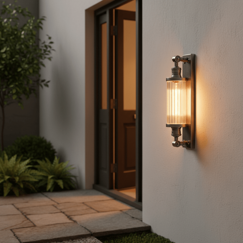 Astor Outdoor Wall Lamp in antique silver mounted on a wall, illuminating a patio entrance with greenery.