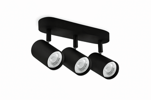 Black three-head adjustable spotlight with sleek design, ideal for focused lighting in kitchens and retail spaces.