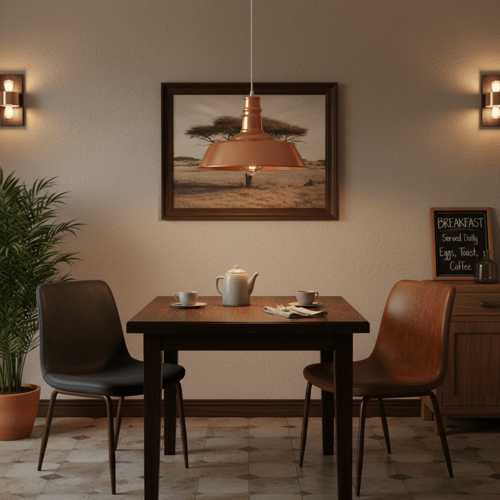 A traditional LED pendant light hangs over a wooden dining table set with tea and coffee, surrounded by cozy chairs.