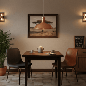 A traditional LED pendant light hangs over a wooden dining table set with tea and coffee, surrounded by cozy chairs.