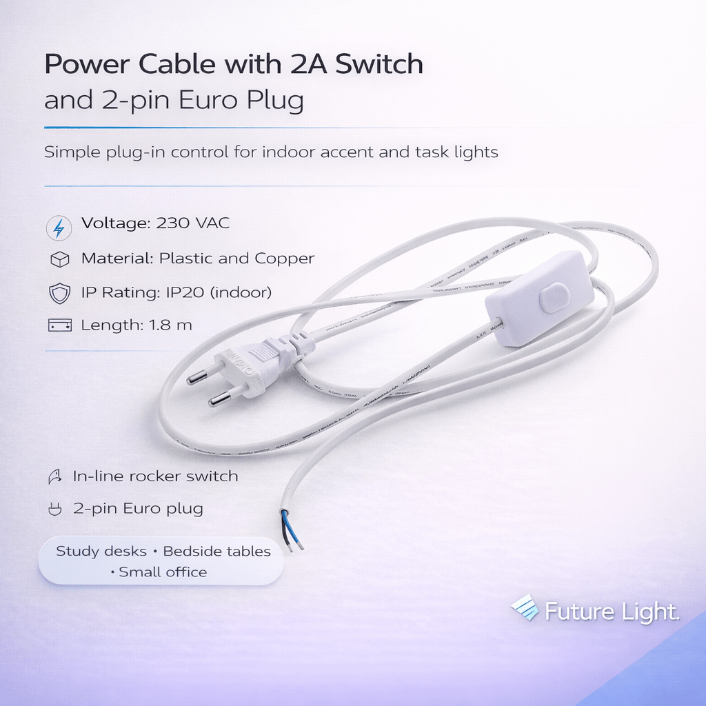 Power Cable with 2A Switch and 2-pin Euro Plug