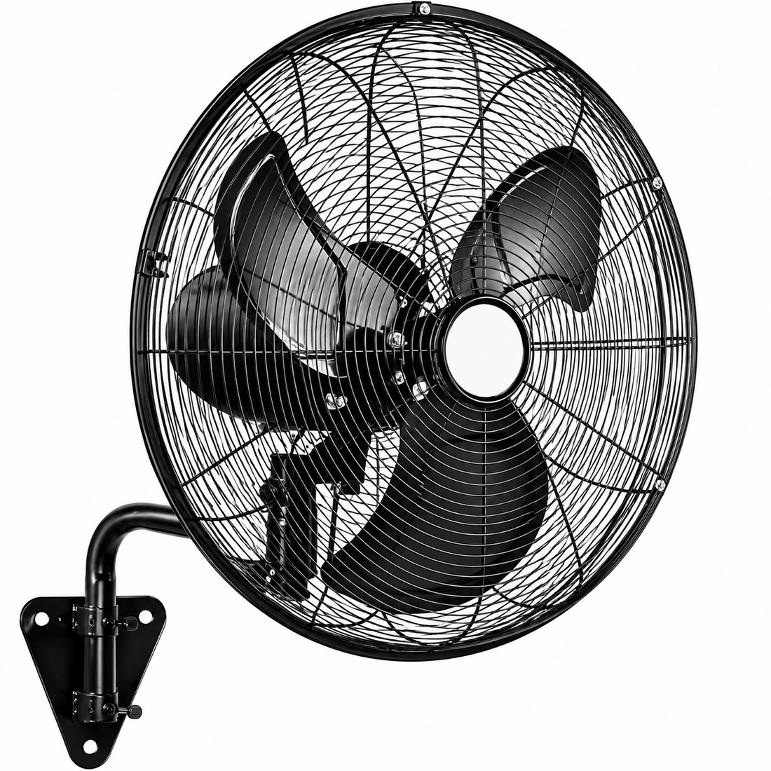 24 inch wall mount industrial fan installed high on a South African workshop wall, cooling workbenches and packing stations, realistic lighting, no text or logos.