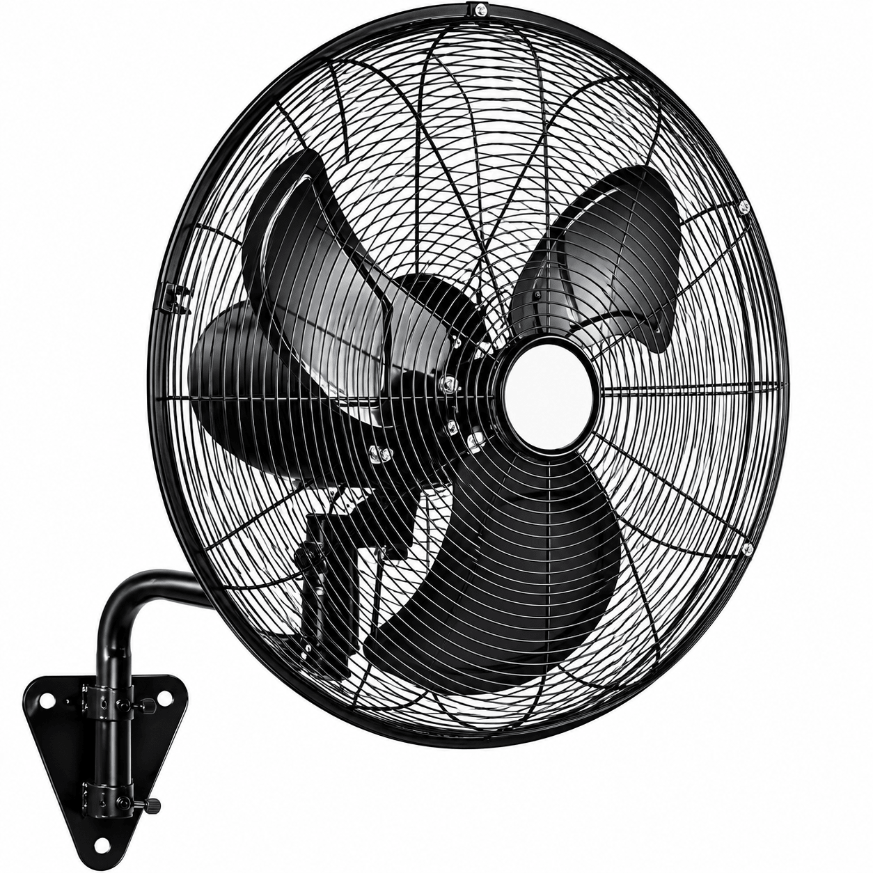 Black industrial wall-mounted fan on a white background