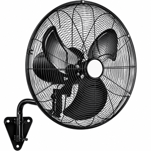 Black industrial wall-mounted fan on a white background