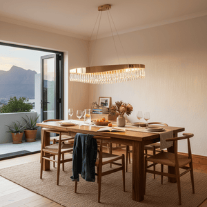 Elegant oval crystal chandelier hanging above a wooden dining table set for a meal, with a scenic view in the background.