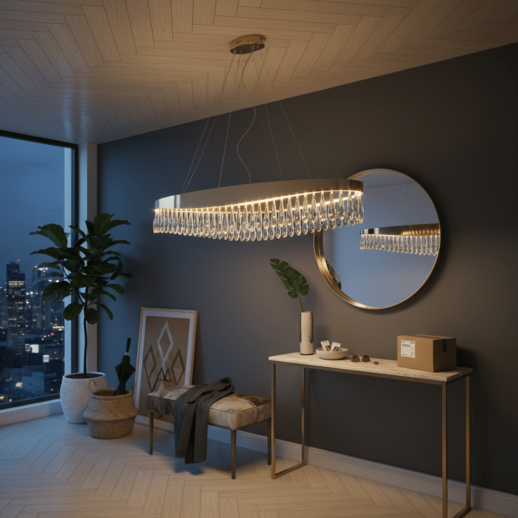 Elegant oval crystal chandelier hanging above a stylish console table in a modern interior.