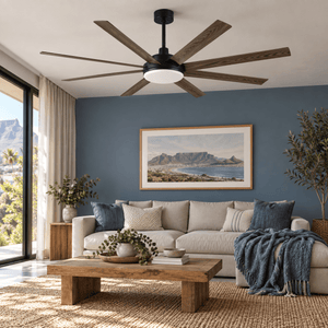 Eight blade ceiling fan in a living room with a dusty blue wall