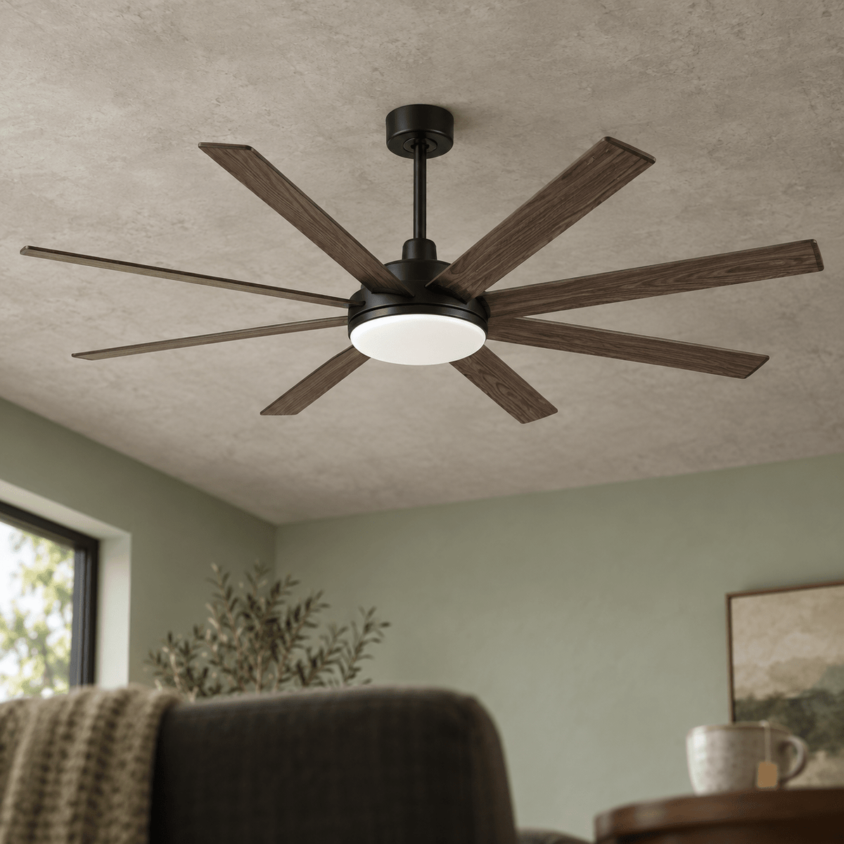 Close interior view of an eight blade ceiling fan