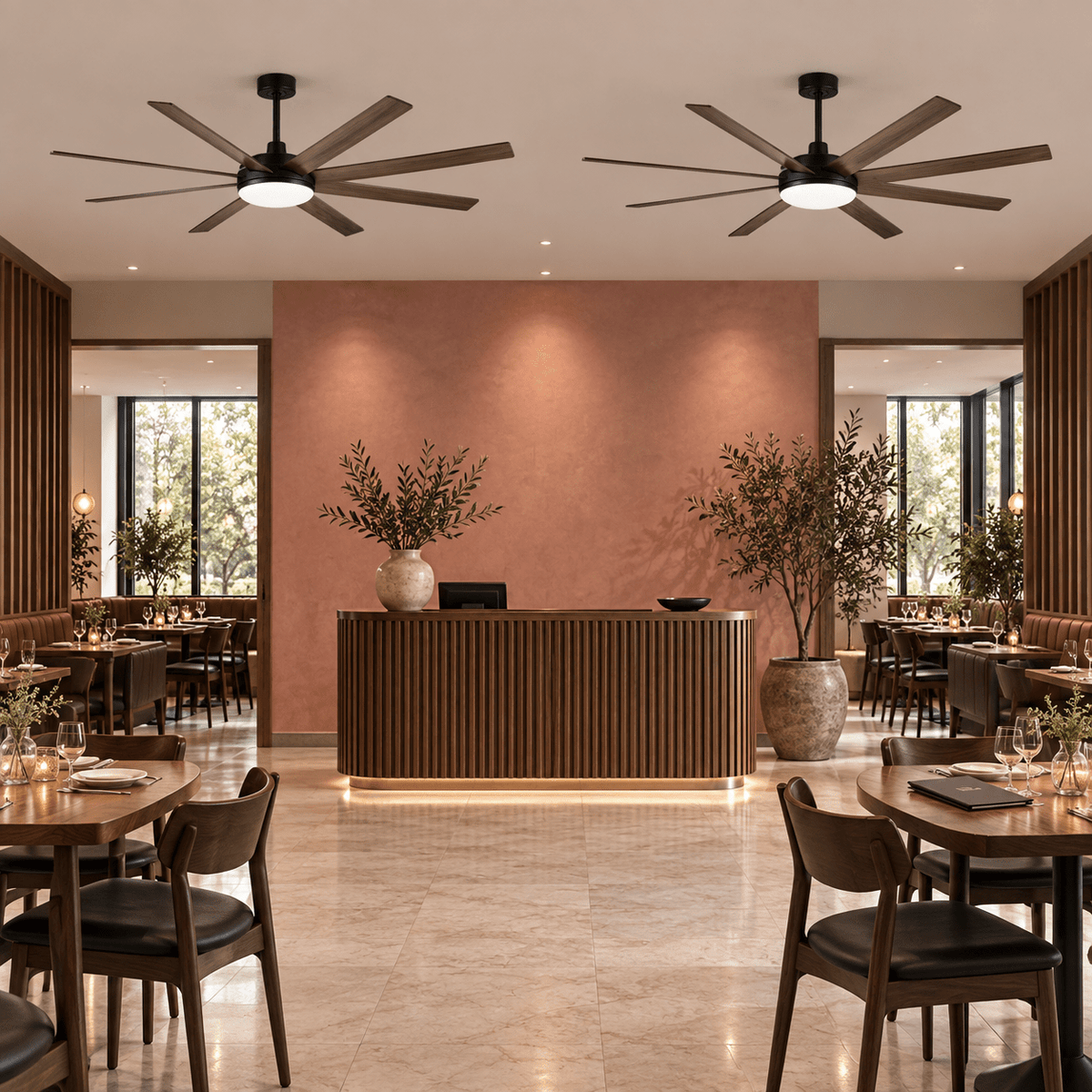 Pair of eight blade ceiling fans in a restaurant dining area