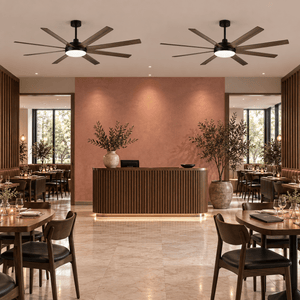 Pair of eight blade ceiling fans in a restaurant dining area