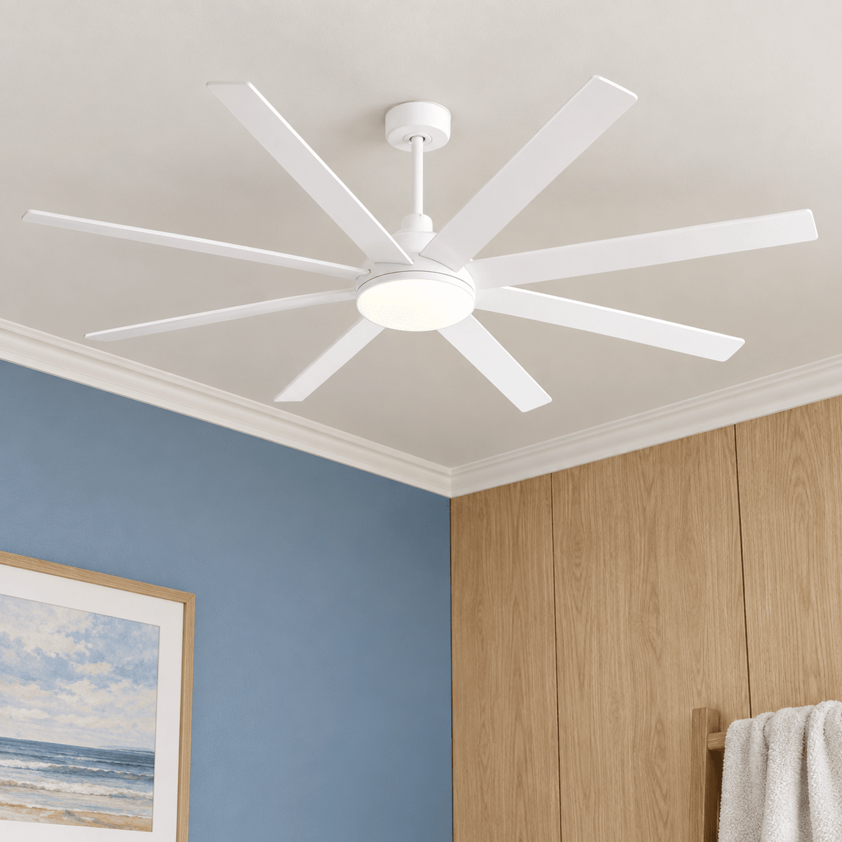 Close view of a white eight blade ceiling fan
