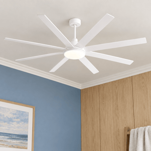 Close view of a white eight blade ceiling fan