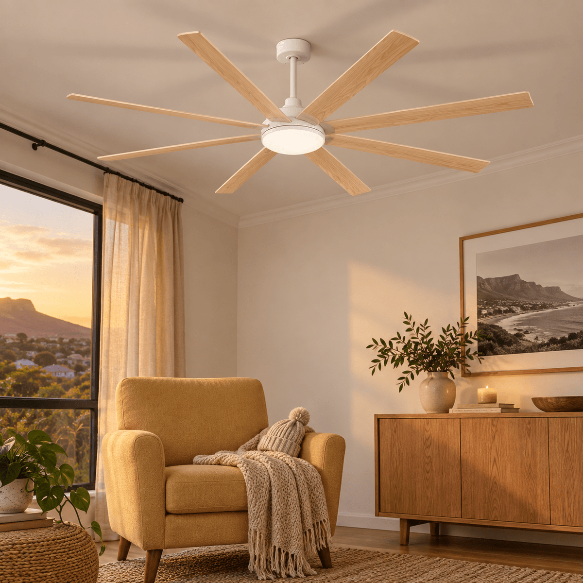 White and light wood eight blade fan over a bedroom reading nook