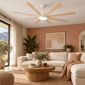 Eight blade white and light wood fan in clay pink living room