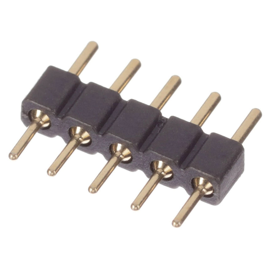 Close-up of a 5-pin male-to-male LED strip connector for solderless connections.
