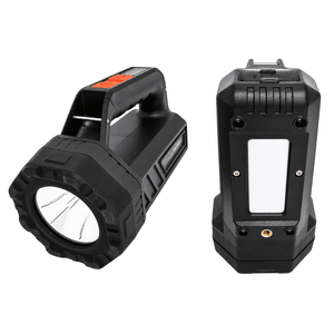 Black rechargeable LED spotlight shown from front and rear angles, featuring side light panel and handle.
