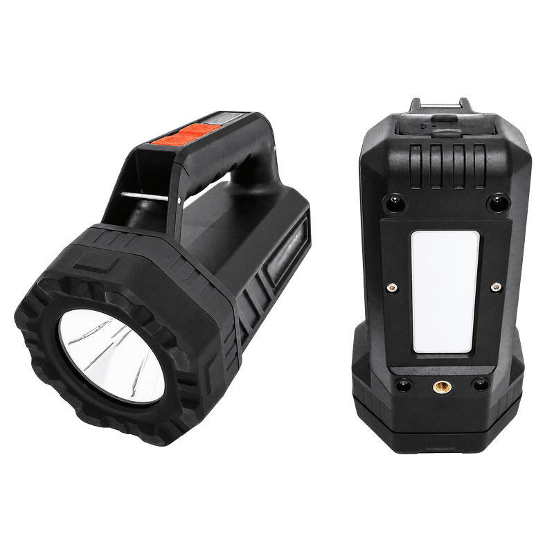 Black rechargeable LED spotlight shown from front and rear angles, featuring side light panel and handle.