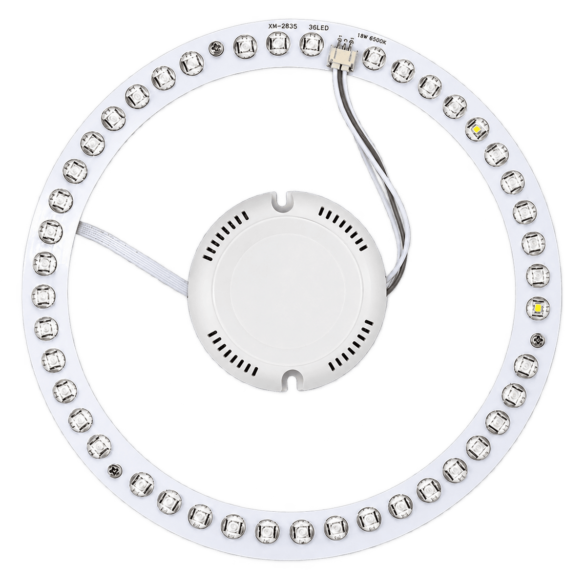 Circular LED replacement panel with driver and wiring on a transparent background