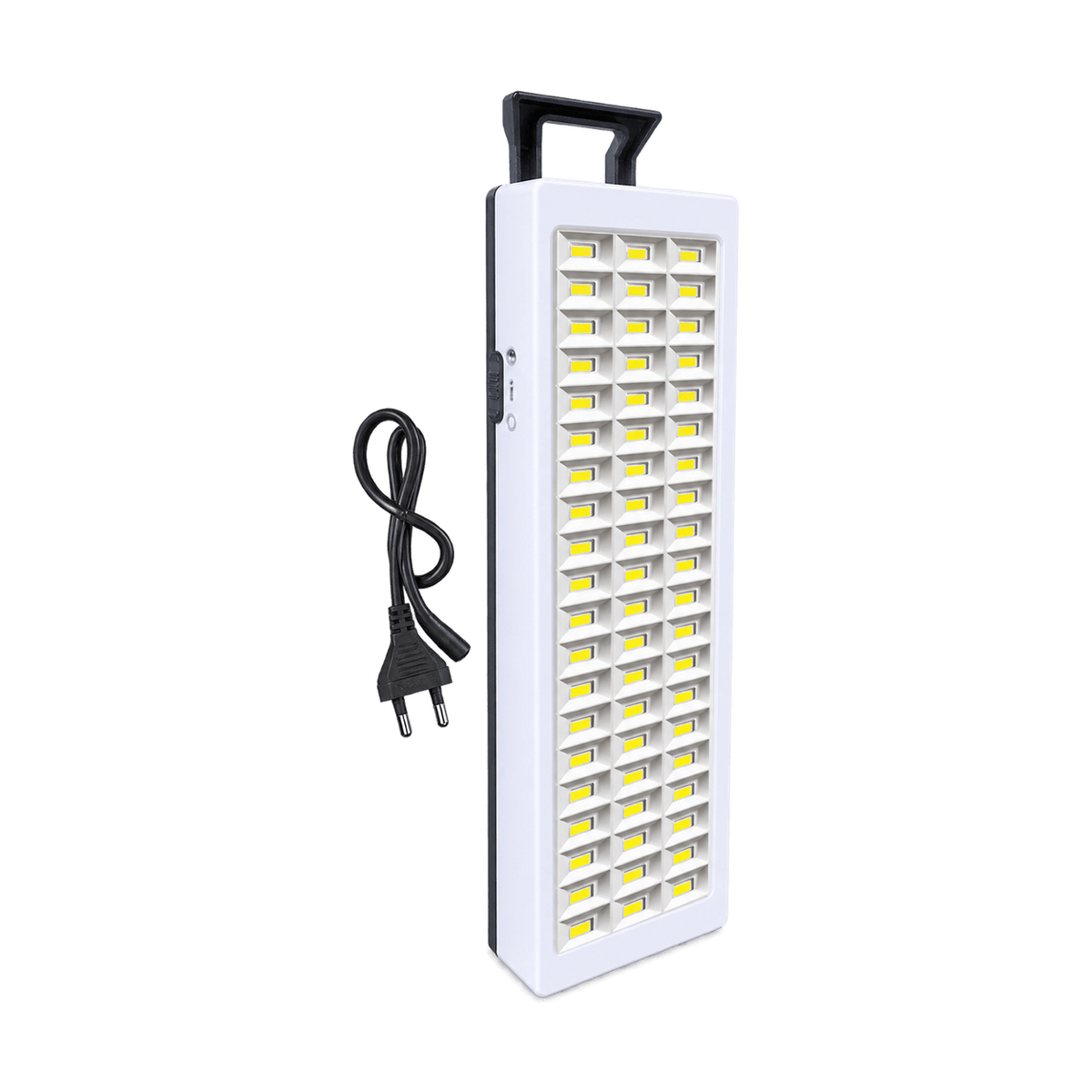 Transparent-background image of a white rechargeable LED emergency light with slide handle and plug