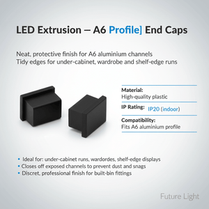 Two black end caps for A6 aluminium profiles, showcasing a neat finish for LED installations.
