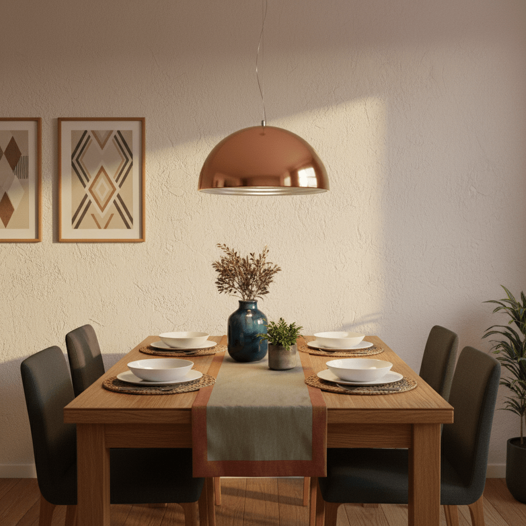 Lucia 400 Copper Pendant light hanging above a dining table set with plates and a vase.