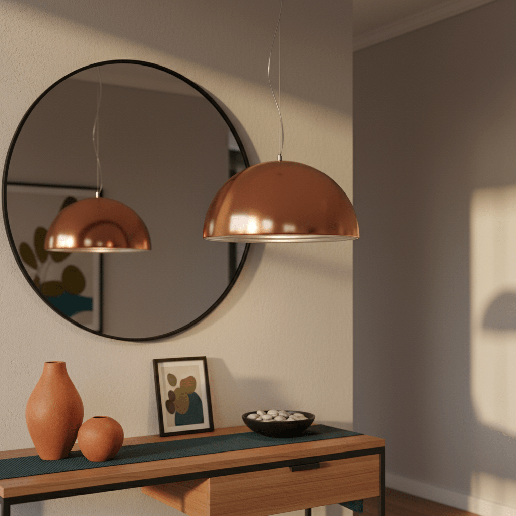Lucia 400 Copper Pendant light hanging above a wooden console table with decorative vases and a mirror.