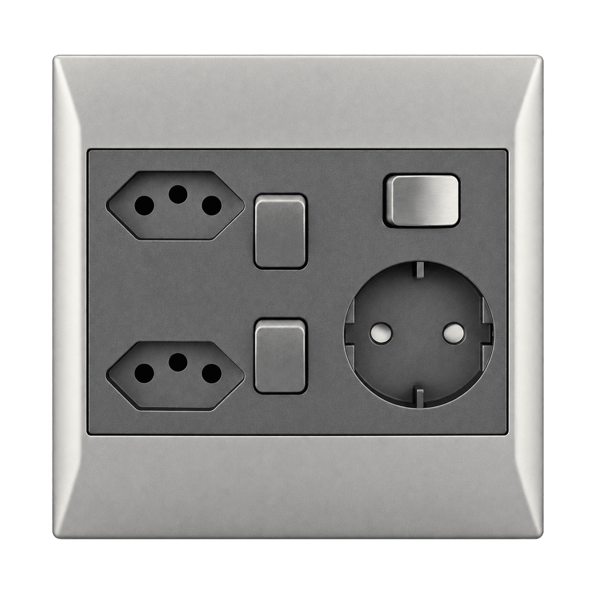 Transparent cutout of a 4x4 wall socket plate with two RSA sockets, Schuko socket, and three switches