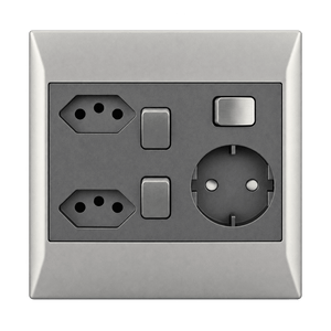 Transparent cutout of a 4x4 wall socket plate with two RSA sockets, Schuko socket, and three switches