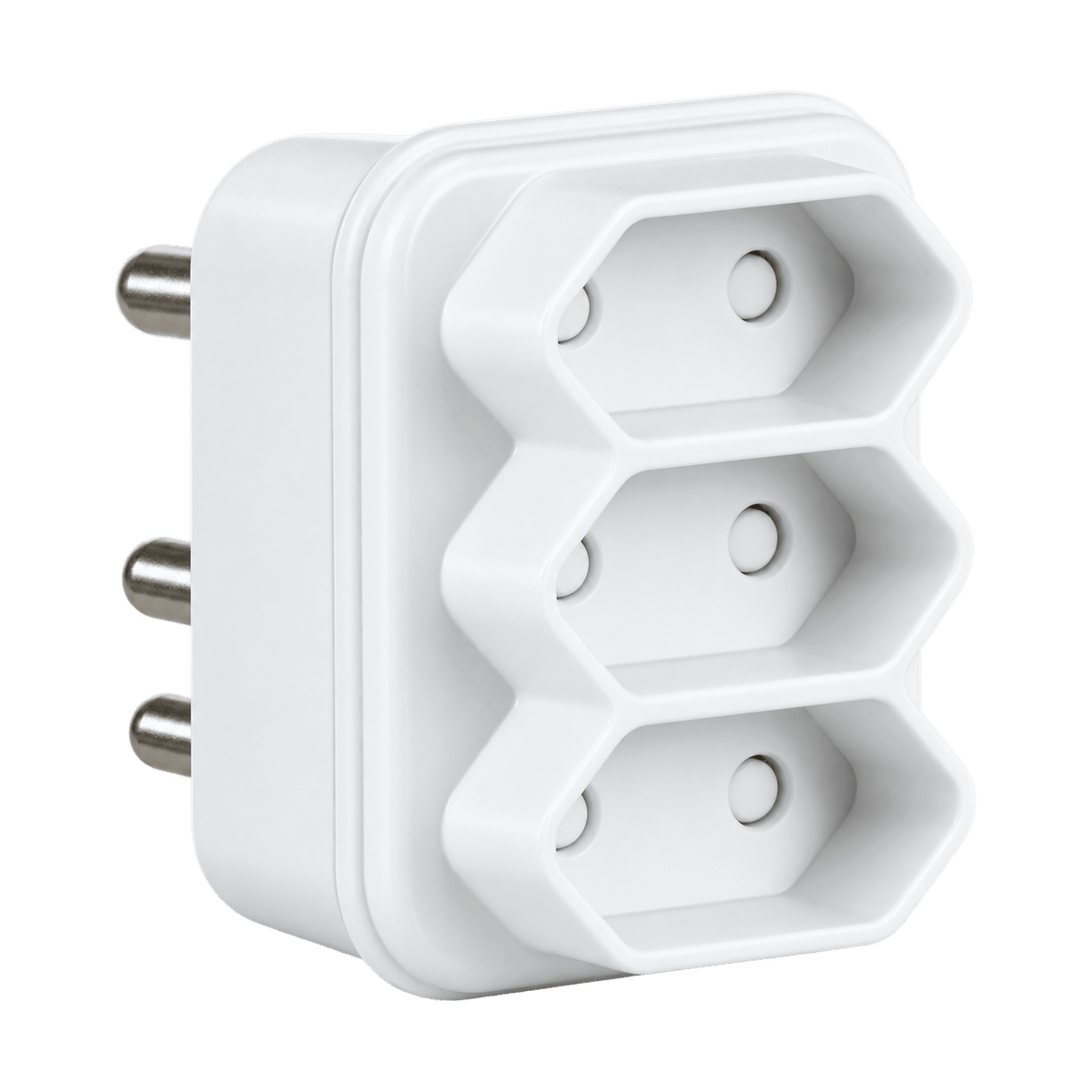 Transparent-background image of a white RSA triple Euro adaptor with three sockets