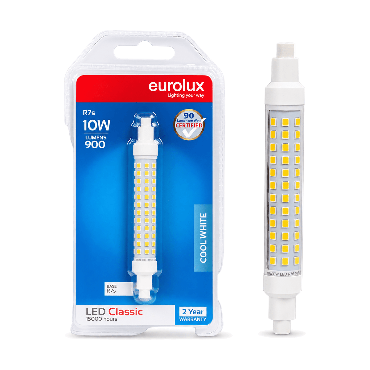 Eurolux R7s 10W 4000K LED bulb and packaging on white background