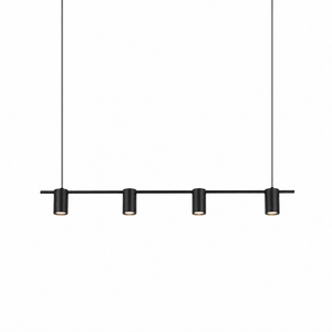 Sleek black linear pendant light with four adjustable bulbs, ideal for modern dining or office spaces.