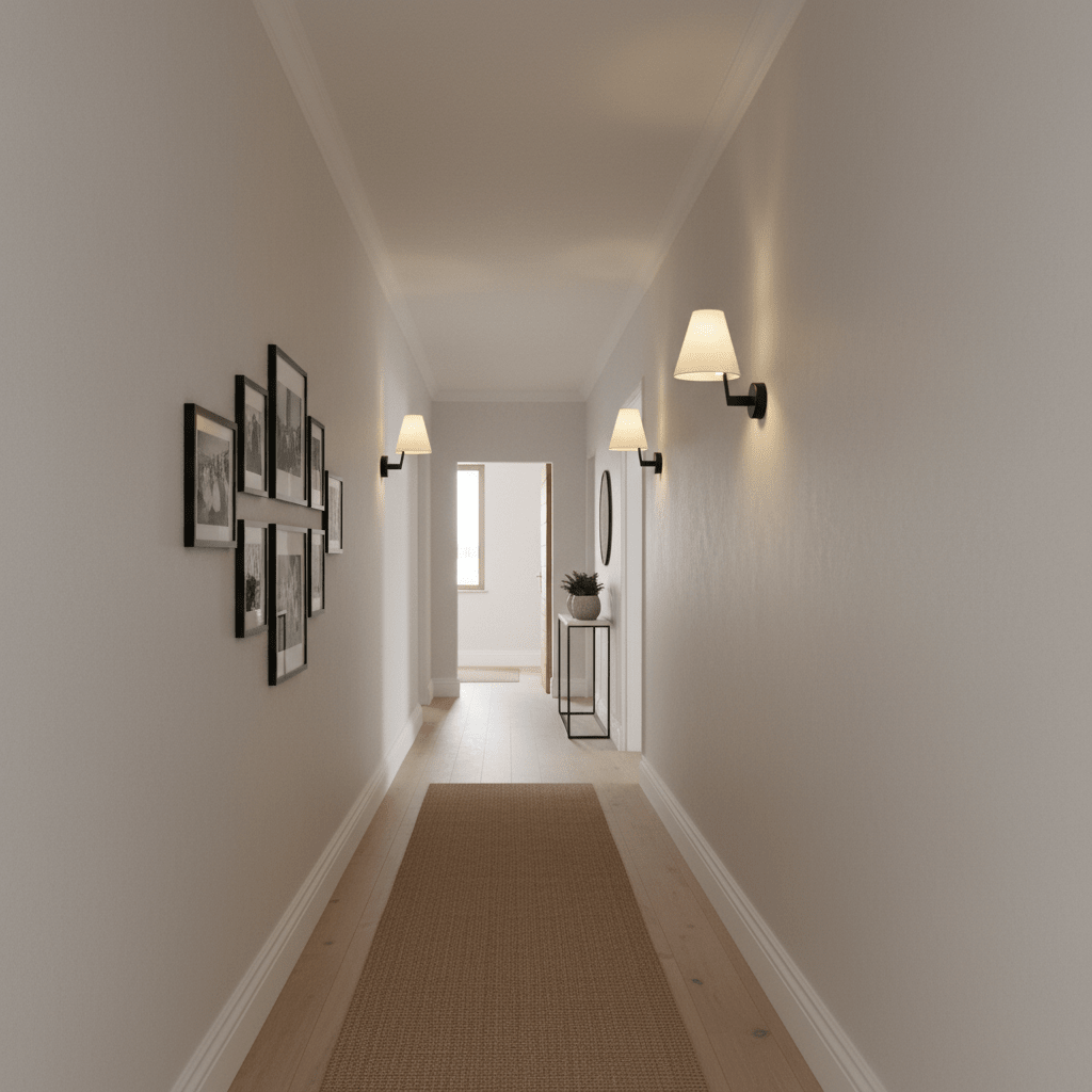 A stylish hallway featuring two wall-mounted lights, framed photos, and a decorative table.