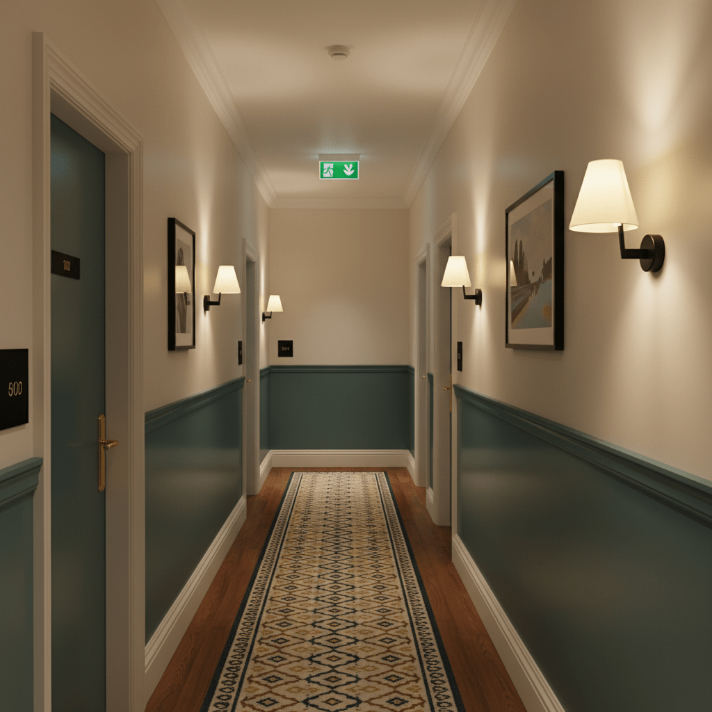 A stylish hallway featuring the Airone Indoor Wall Light in gold, illuminating the space with a warm glow.