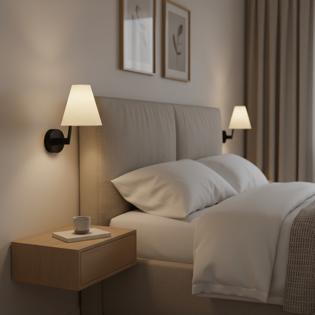 Contemporary indoor wall light mounted beside a bed, casting a warm glow in a cozy bedroom setting.
