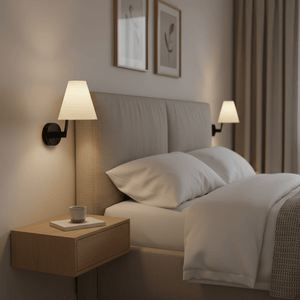 Contemporary indoor wall light mounted beside a bed, casting a warm glow in a cozy bedroom setting.