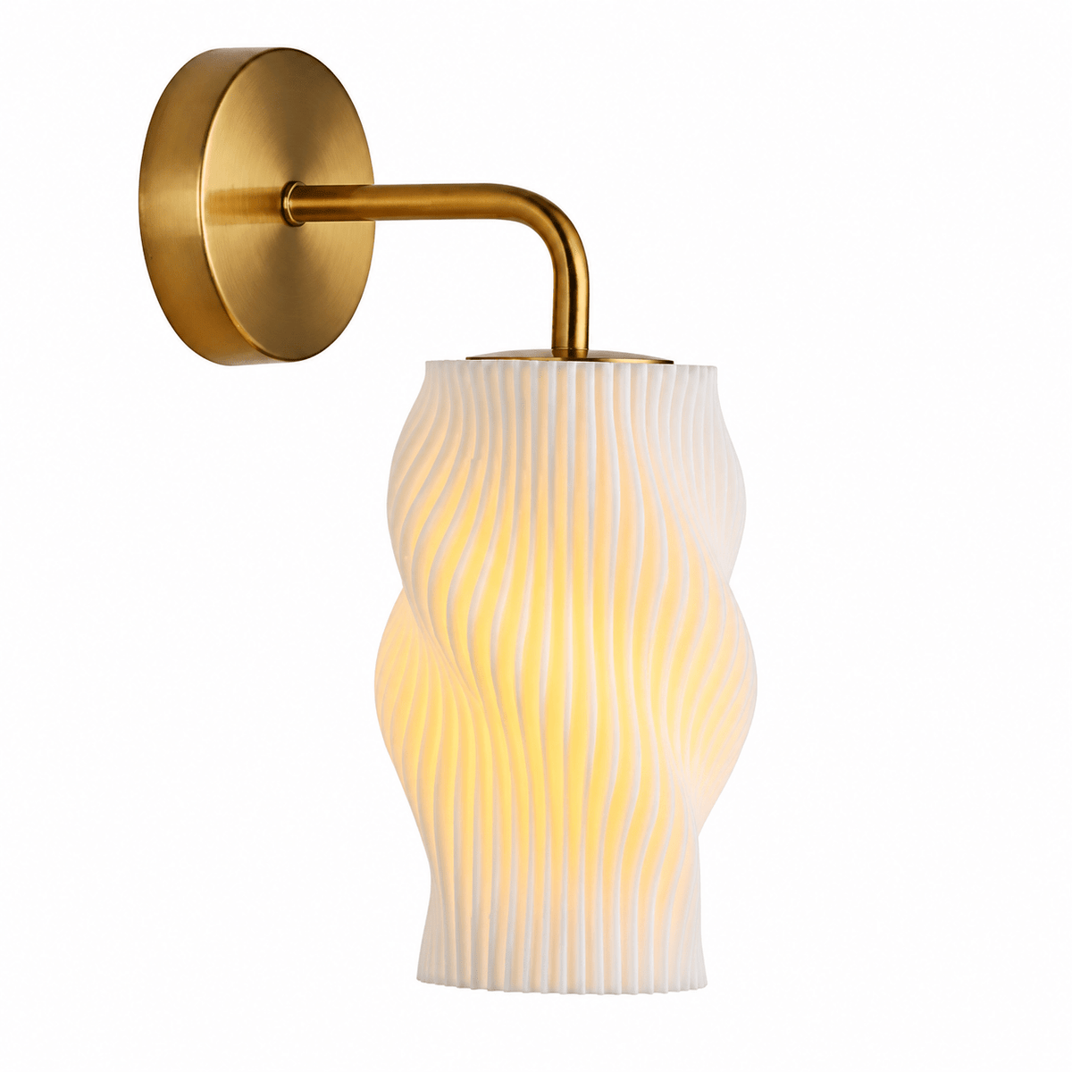Dahlia 3D printed indoor wall light with a sculpted shade and gold arm, emitting a soft glow.