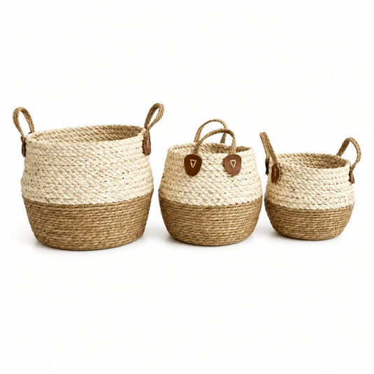 Woven Storage Basket Set of 3 with Handles – Natural Two-Tone