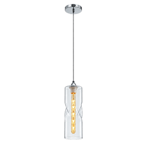 Clear twisted glass pendant light with chrome finish, suspended from a ceiling mount.