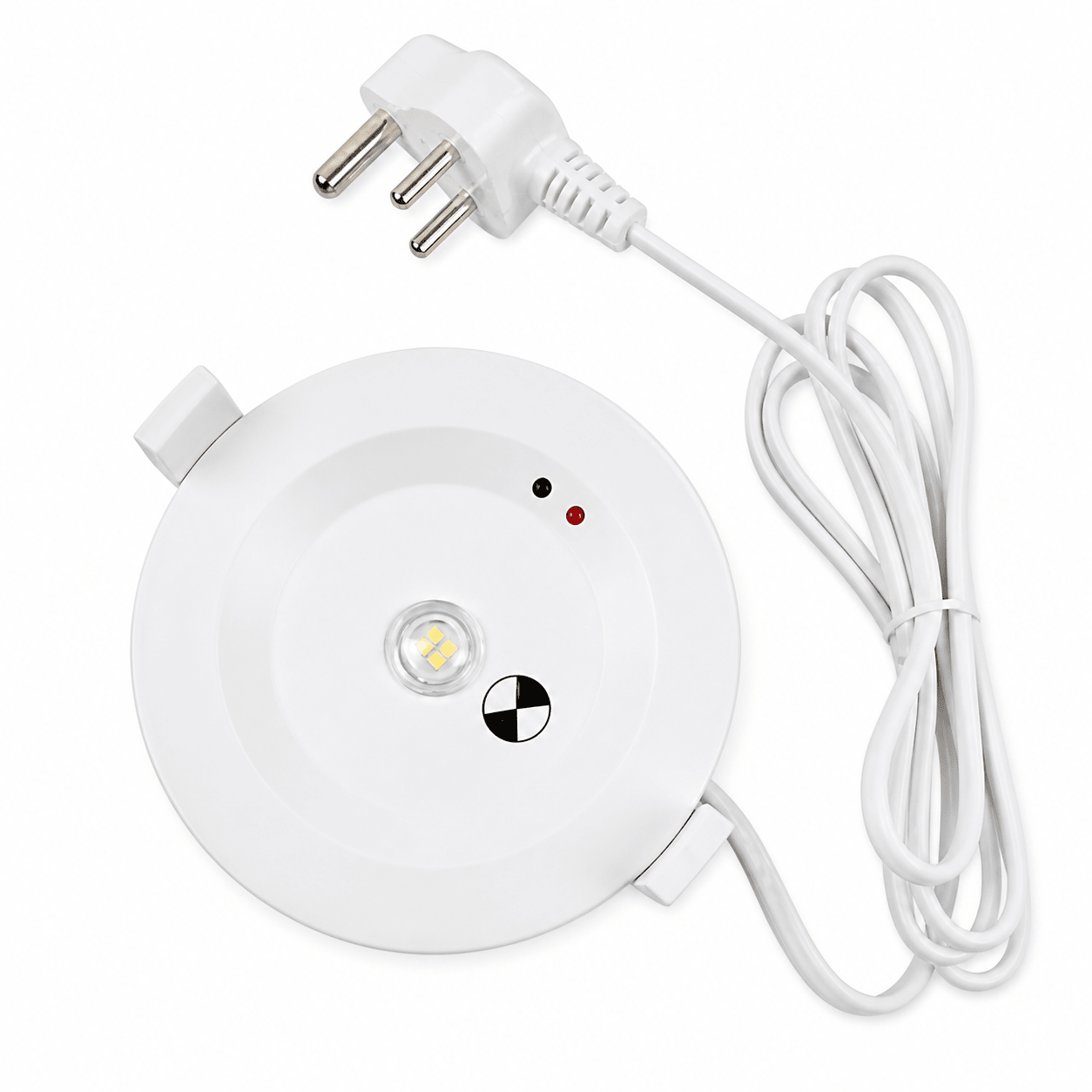 Round 90mm LED downlight with a white finish and attached power cord, designed for emergency use.