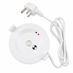 Round 90mm LED downlight with a white finish and attached power cord, designed for emergency use.