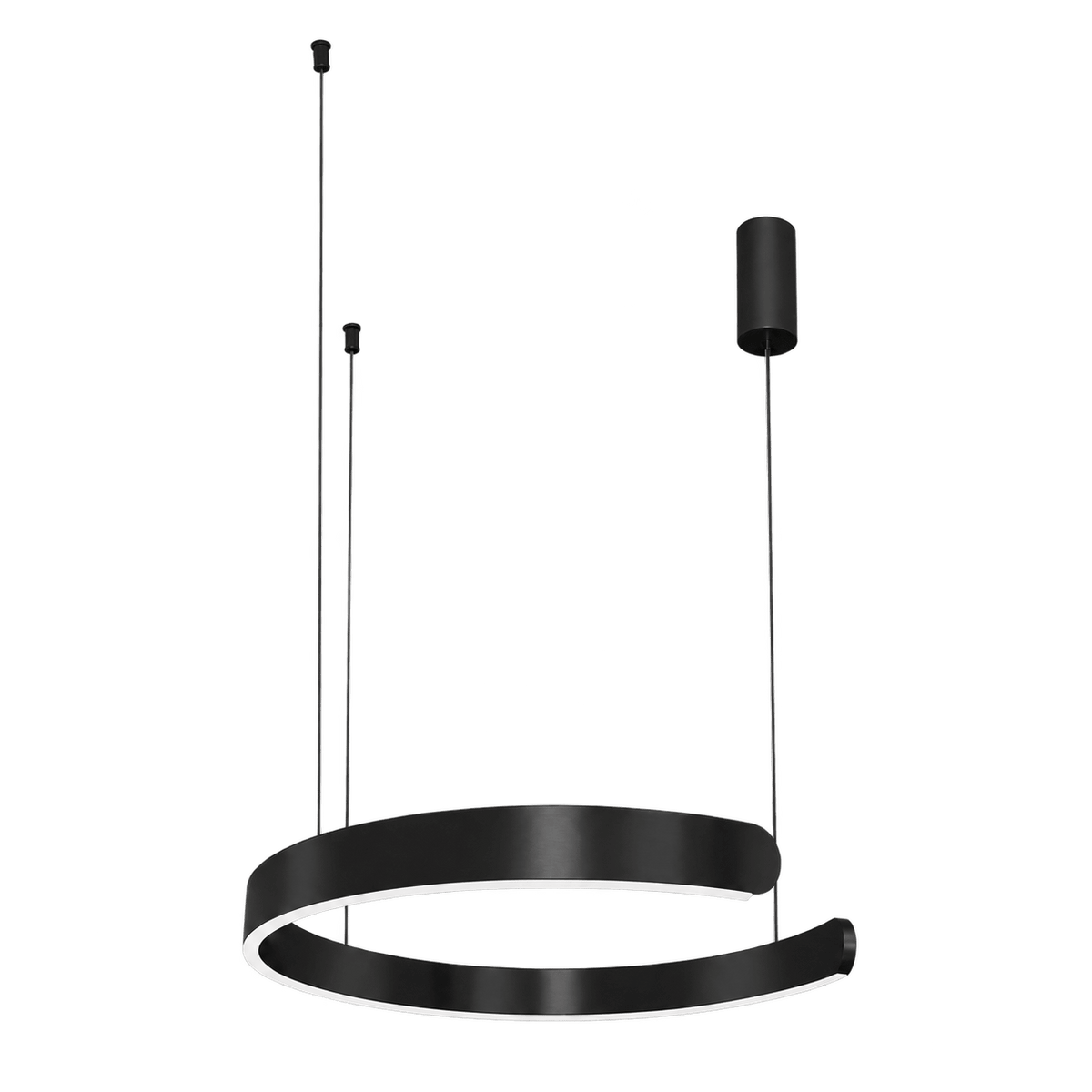 Black LED pendant light with a circular design, suspended by two thin wires from a cylindrical ceiling mount.