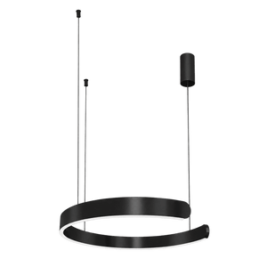 Black LED pendant light with a circular design, suspended by two thin wires from a cylindrical ceiling mount.